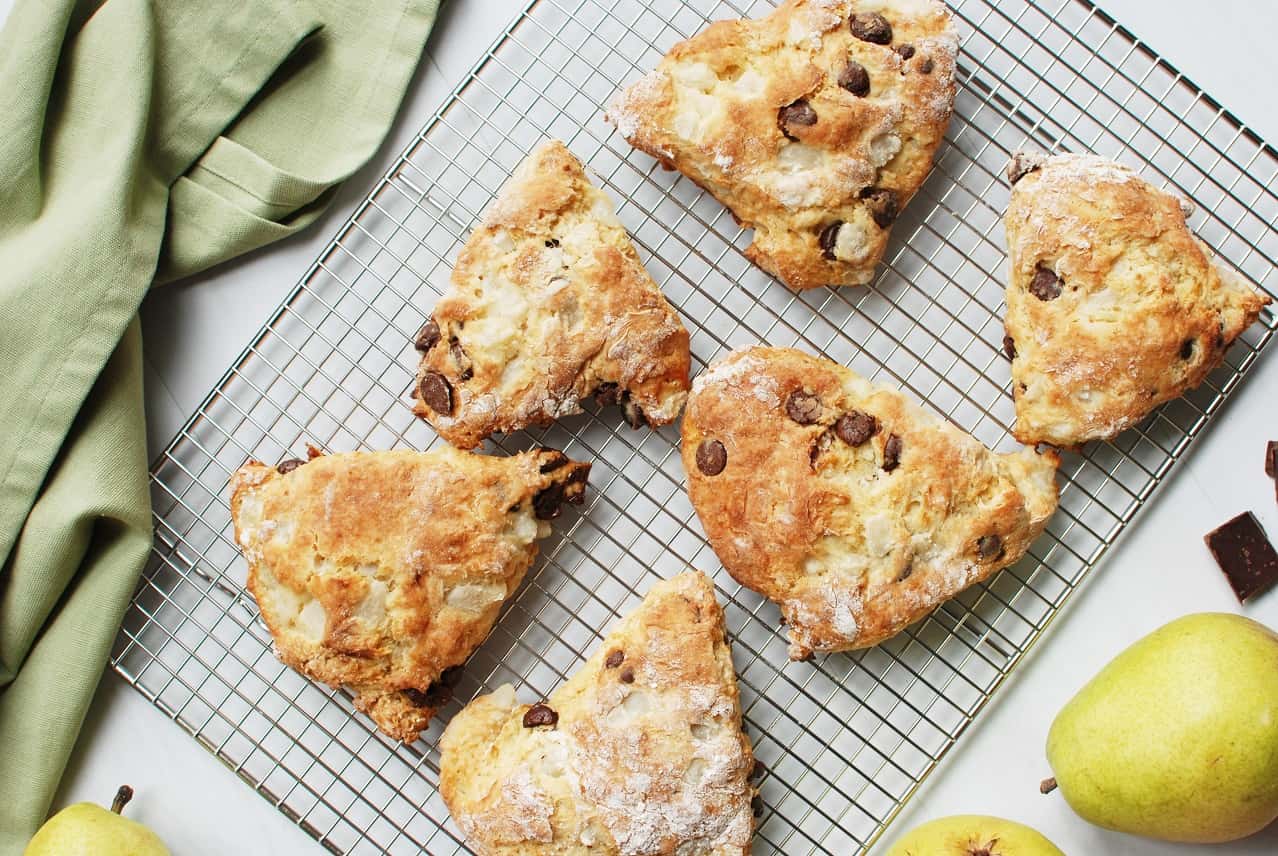 pear and chocolate scones on a cooling rack