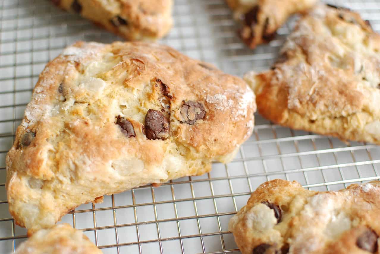 pear and chocolate scone on a cooling rack