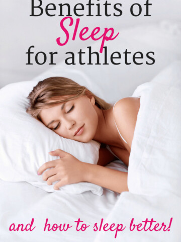 Woman sleeping with white sheets with a text overlay about benefits of sleep for athletes