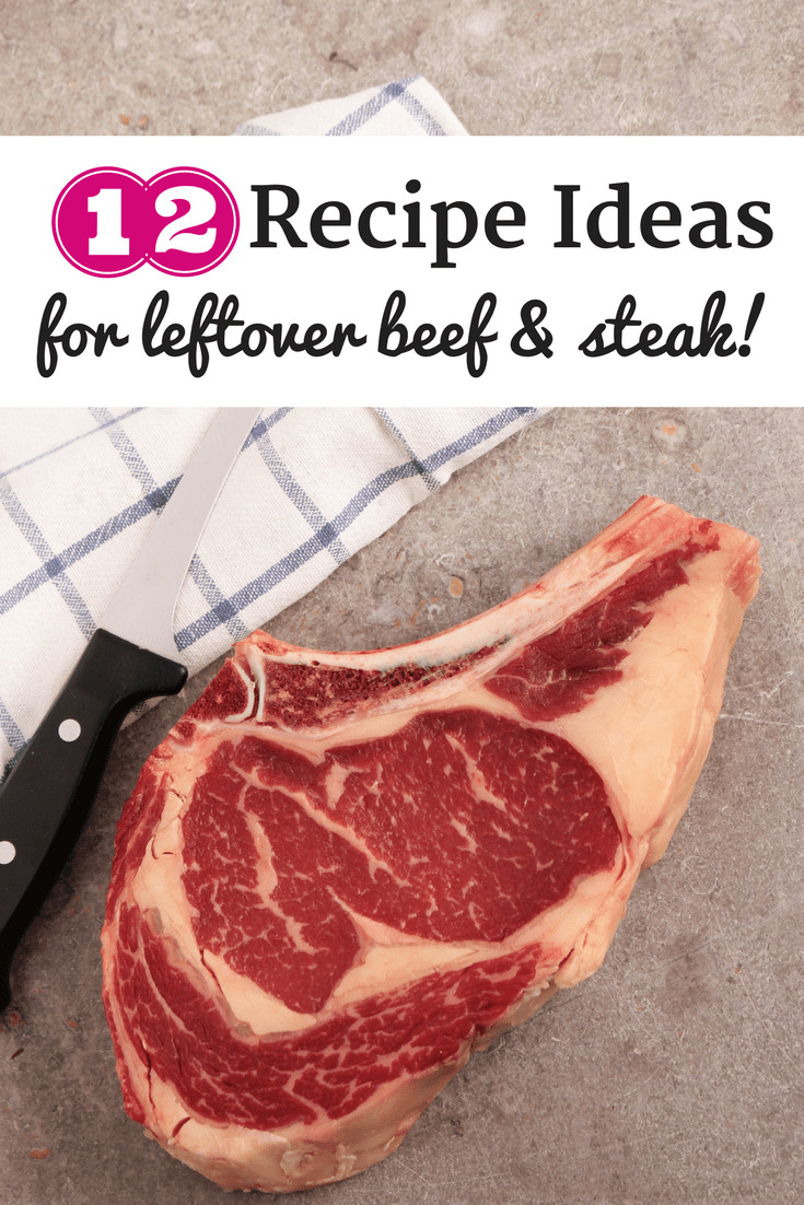 A steak, knife, and napkin with a text overlay that says recipe ideas for leftovers
