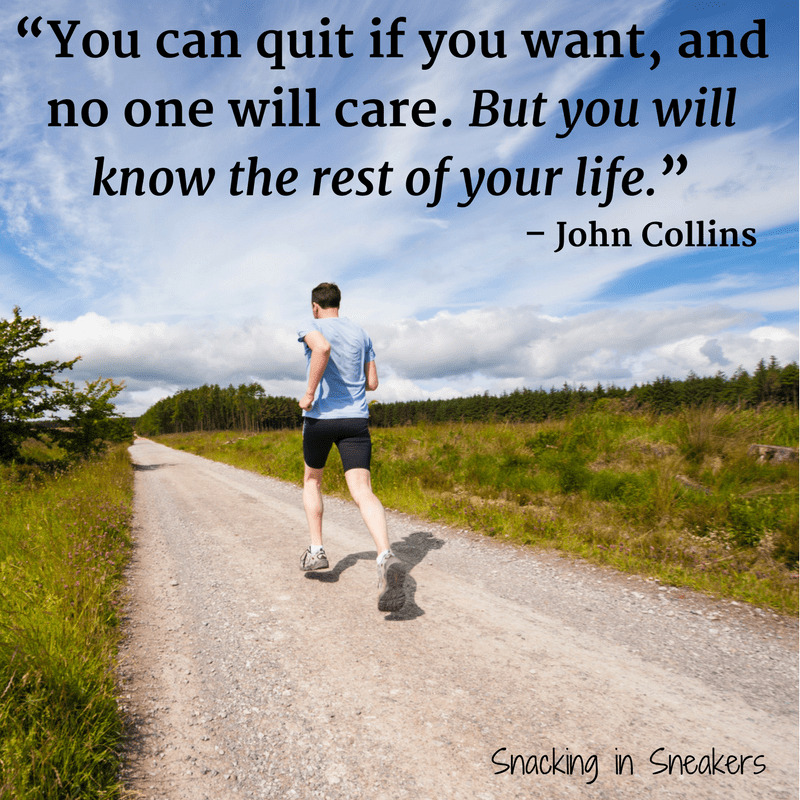 Runner on a road outside with a text overlay inspirational quote from John Collins