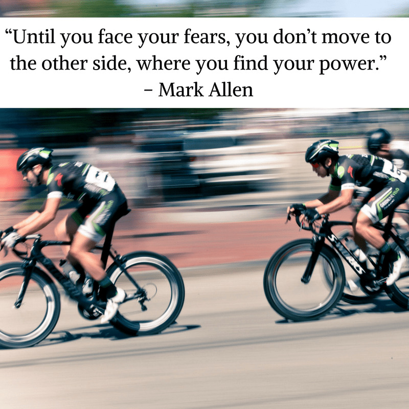 Triathlon quote from Mark Allen on a photo of cyclists