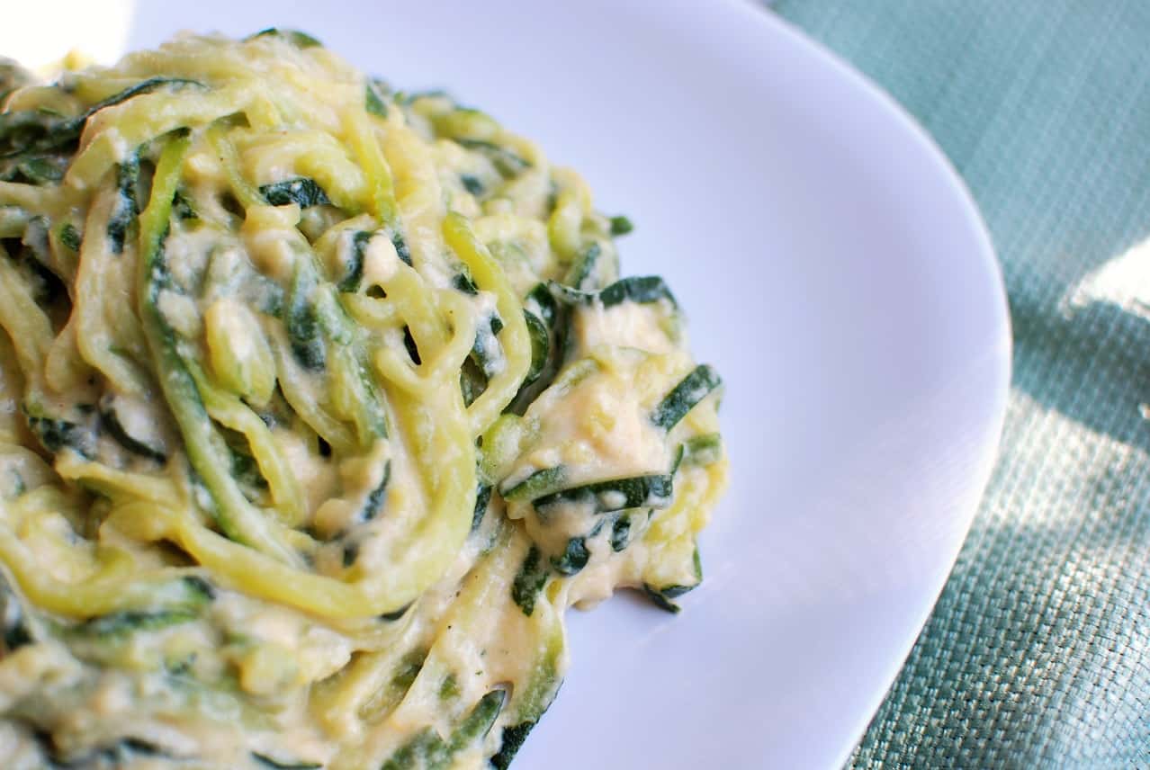 Close up of zoodle macaroni and cheese