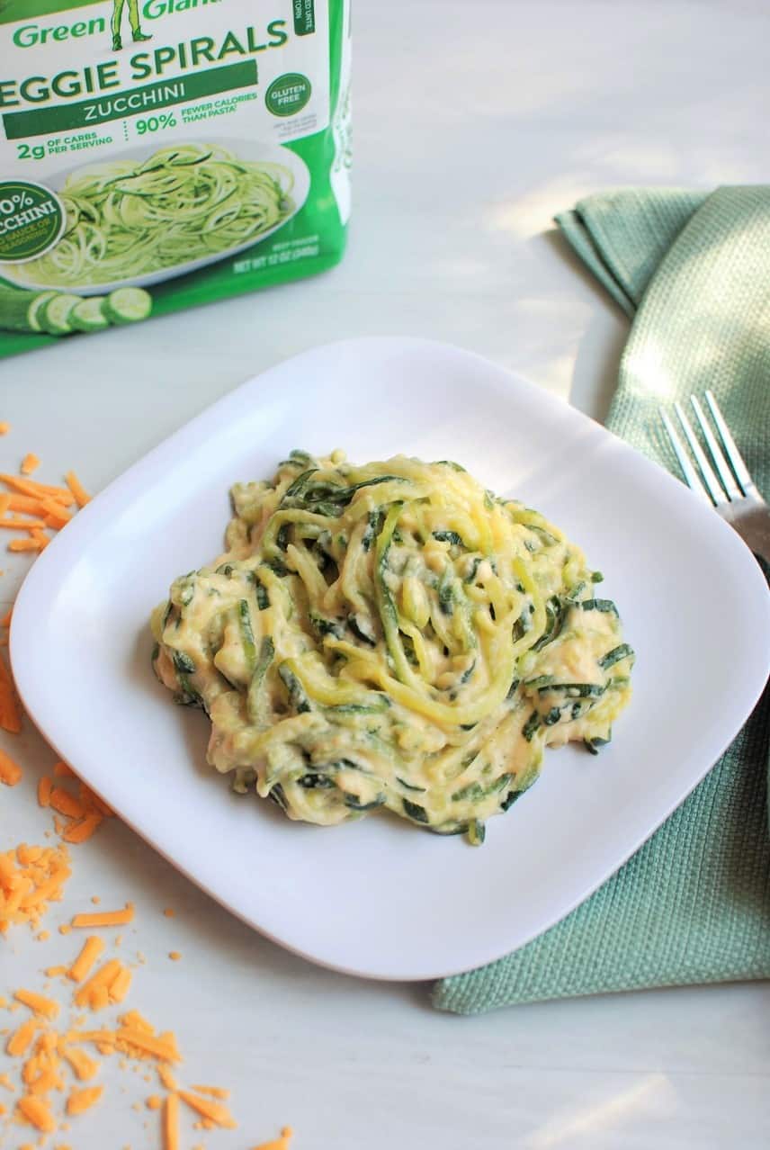 Zucchini noodle mac and cheese on a white plate