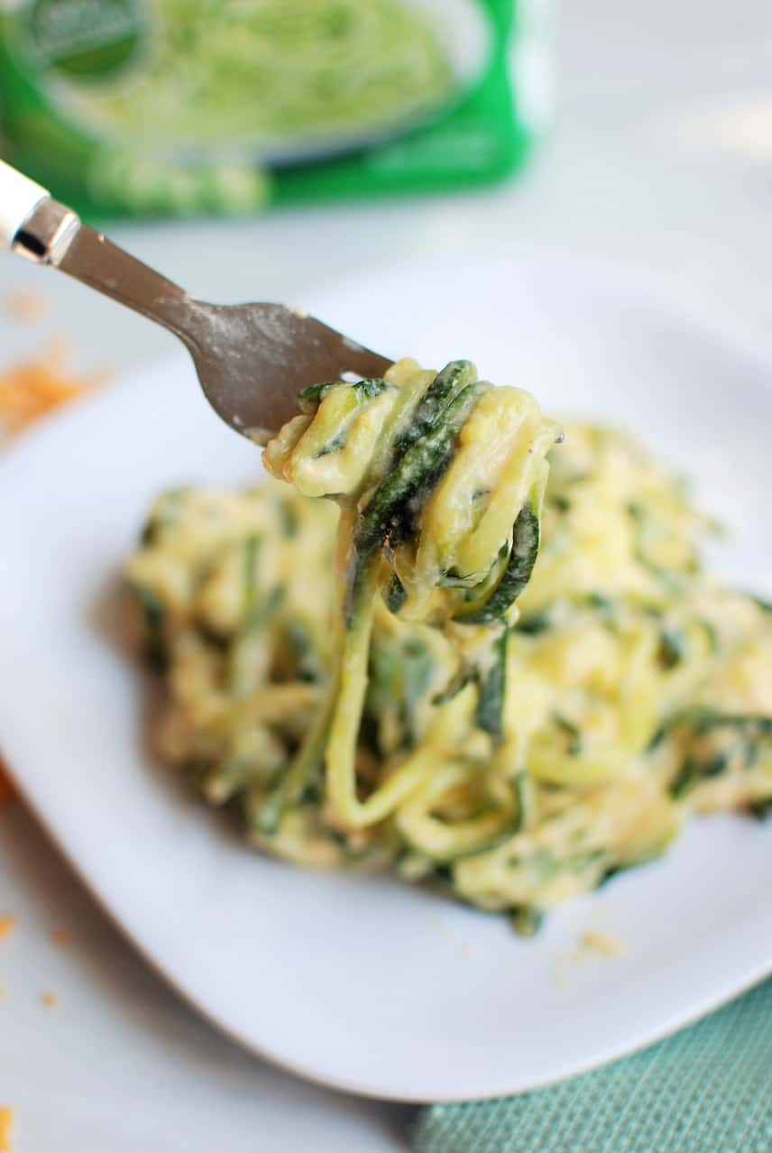 Fork with zoodle mac and cheese wrapped around it
