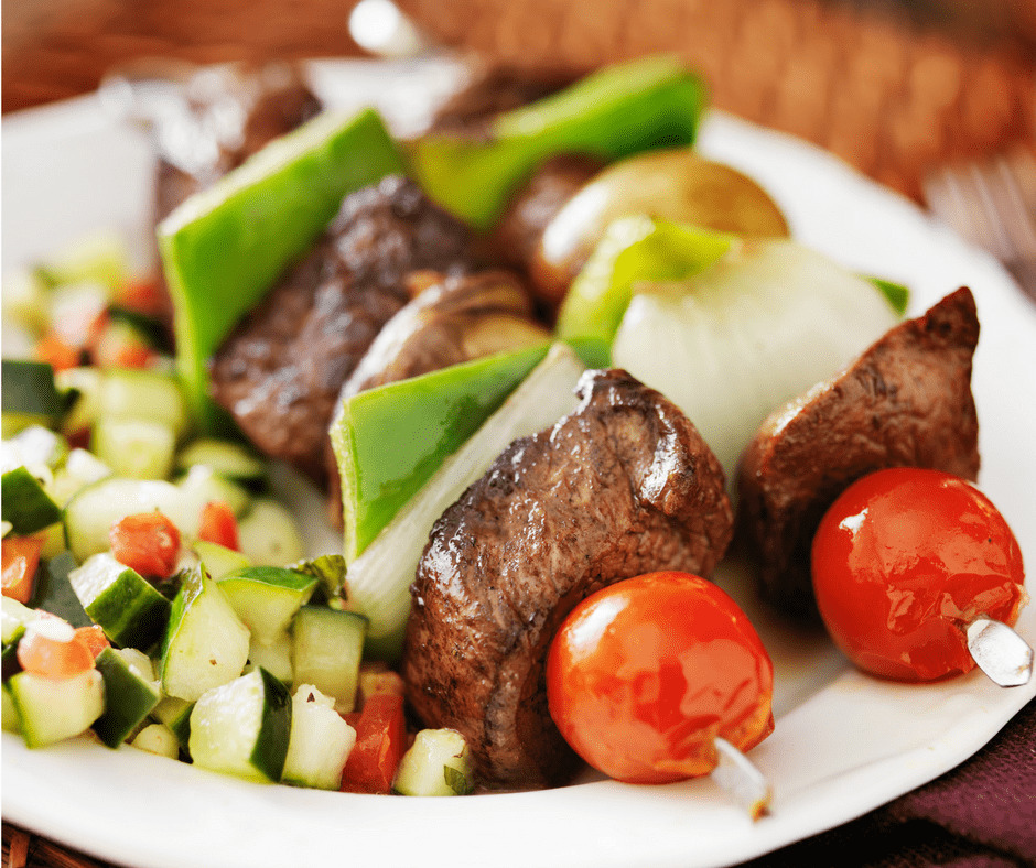 beef kebob with tomatoes and zucchini
