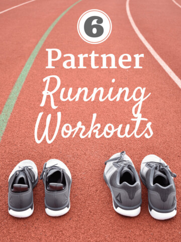 Two pairs of shoes on a track along with a text overlay about running workouts