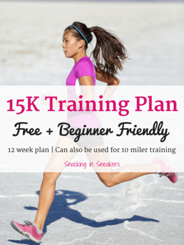 Female running outside with a text overlay that says 15K training plan