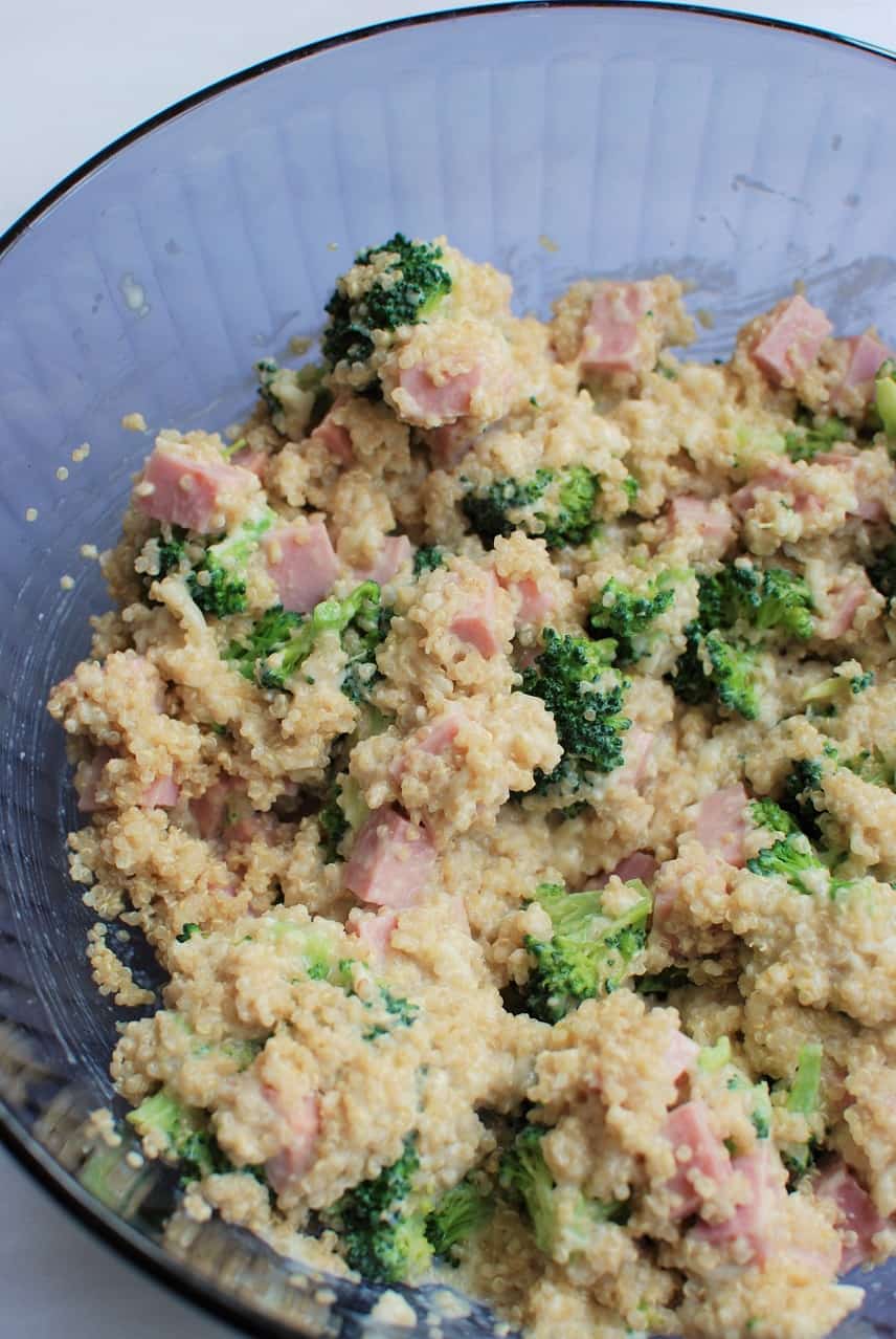 Bowl filled with ingredients for leftover ham casserole