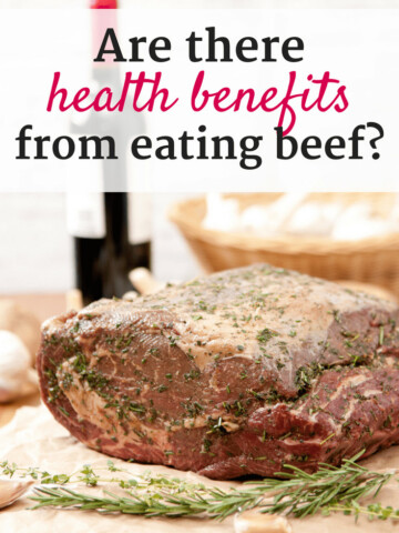 Beef roast with rosemary and garlic, and a text overlay about health benefits of beef