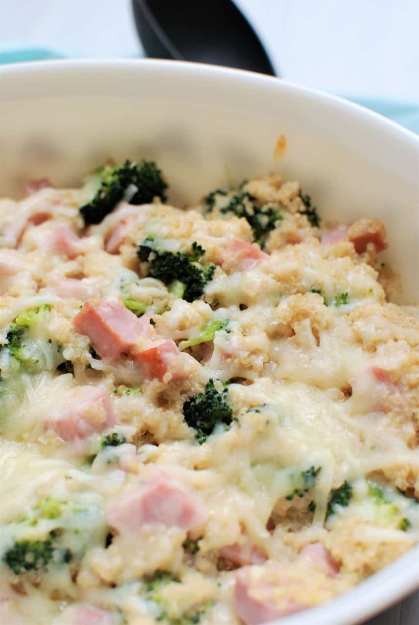 Close up of a leftover ham casserole in a white dish