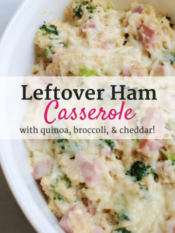 White casserole dish with leftover ham casserole inside and a text overlay describing the recipe