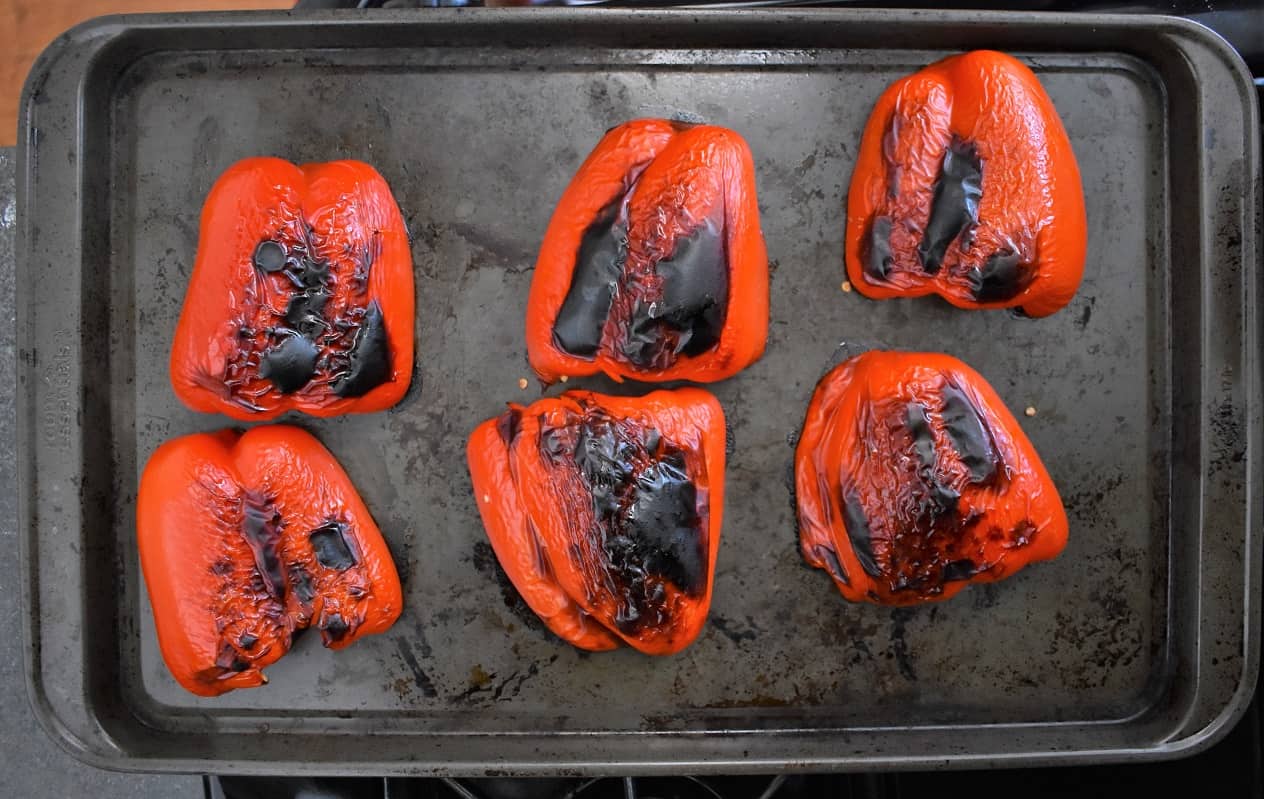 Roasted Red Peppers on a Baking Sheet