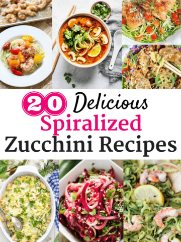 Collage image of several spiralized zucchini recipes
