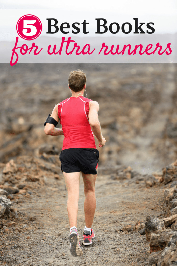 A man running along a trail with a text overlay about books for ultra runners.