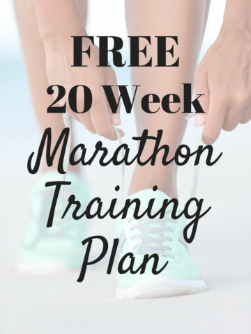 A woman's running sneakers with a text overlay that says 20 week marathon training plan