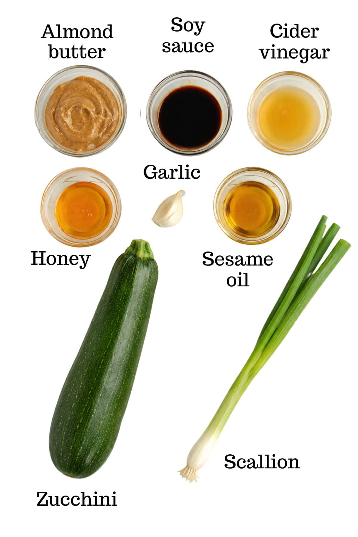 Zucchini, scallion, honey, sesame oil, garlic, almond butter, soy sauce, and apple cider vinegar.
