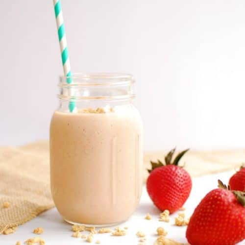 Granola Smoothie with Peaches and Strawberries Snacking in Sneakers
