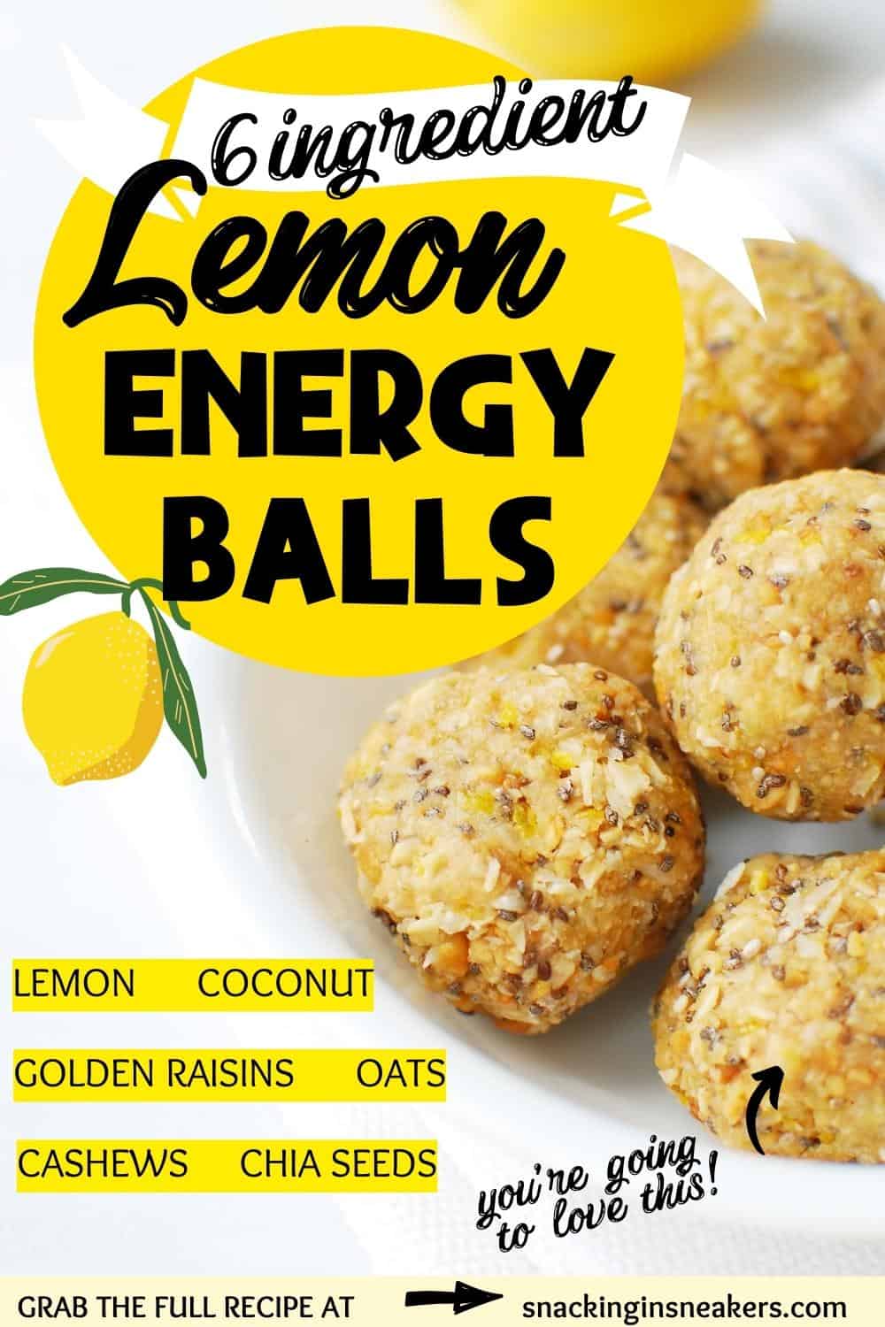 Close up of several lemon energy balls with a text overlay for Pinterest.