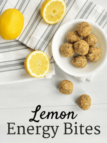 Lemon energy bites and lemons on a table