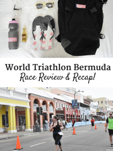 Race gear and a runner with a text overlay about World Triathlon Bermuda