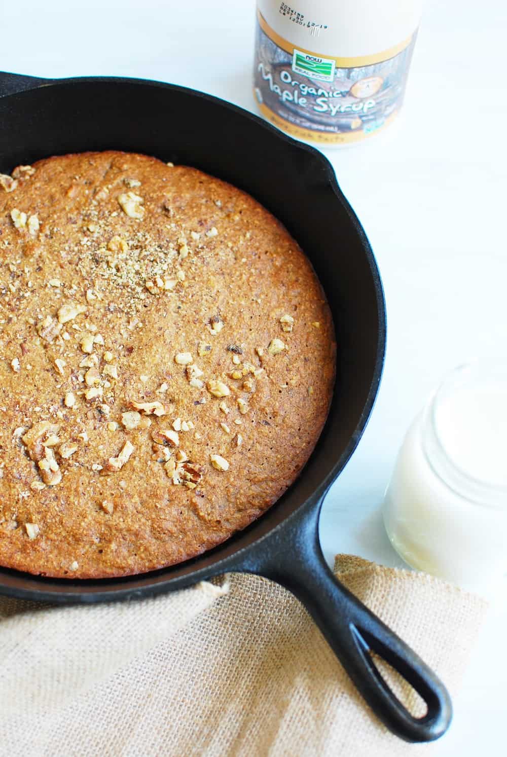 Gluten Free dairy free banana bread made in a cast iron skillet