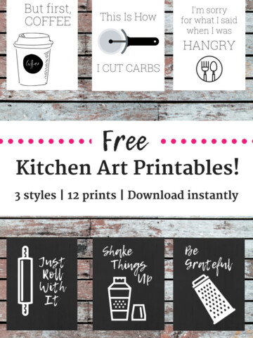 Several free kitchen printables in a collage