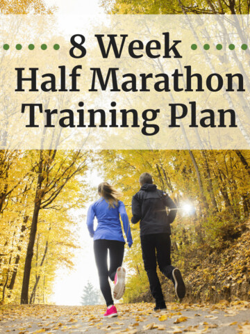 Two runners outside with a text overlay that says 8 week half marathon training plan