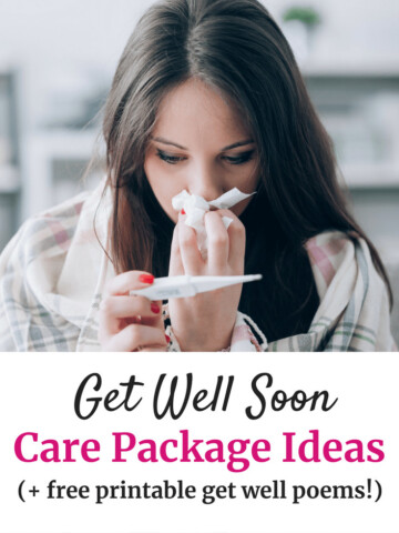Sick woman with tissues with a text overlay about get well soon care package ideas