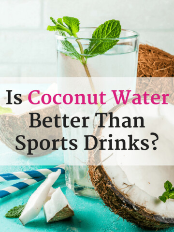 Coconut water next to a coconut with a text overlay about sports drinks