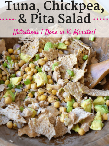 Bowl of chickpea tuna salad with avocado and pita