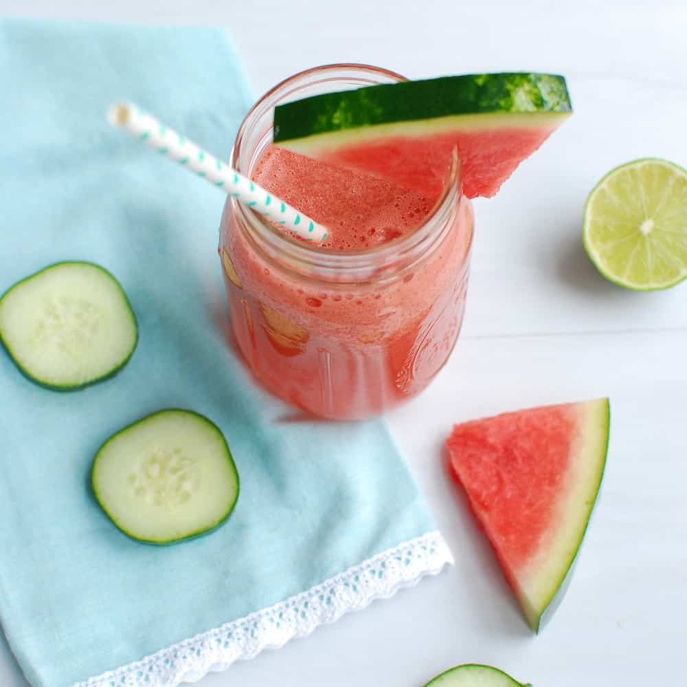 Cucumber watermelon smoothie in a mason jar