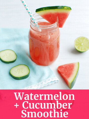 Watermelon cucumber smoothie in a mason jar next to sliced watermelon