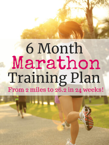 Female running outside with a text overlay for 6 month marathon training plan
