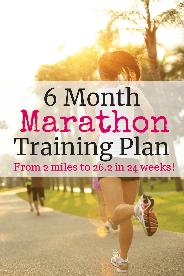 Female running outside with a text overlay for 6 month marathon training plan.