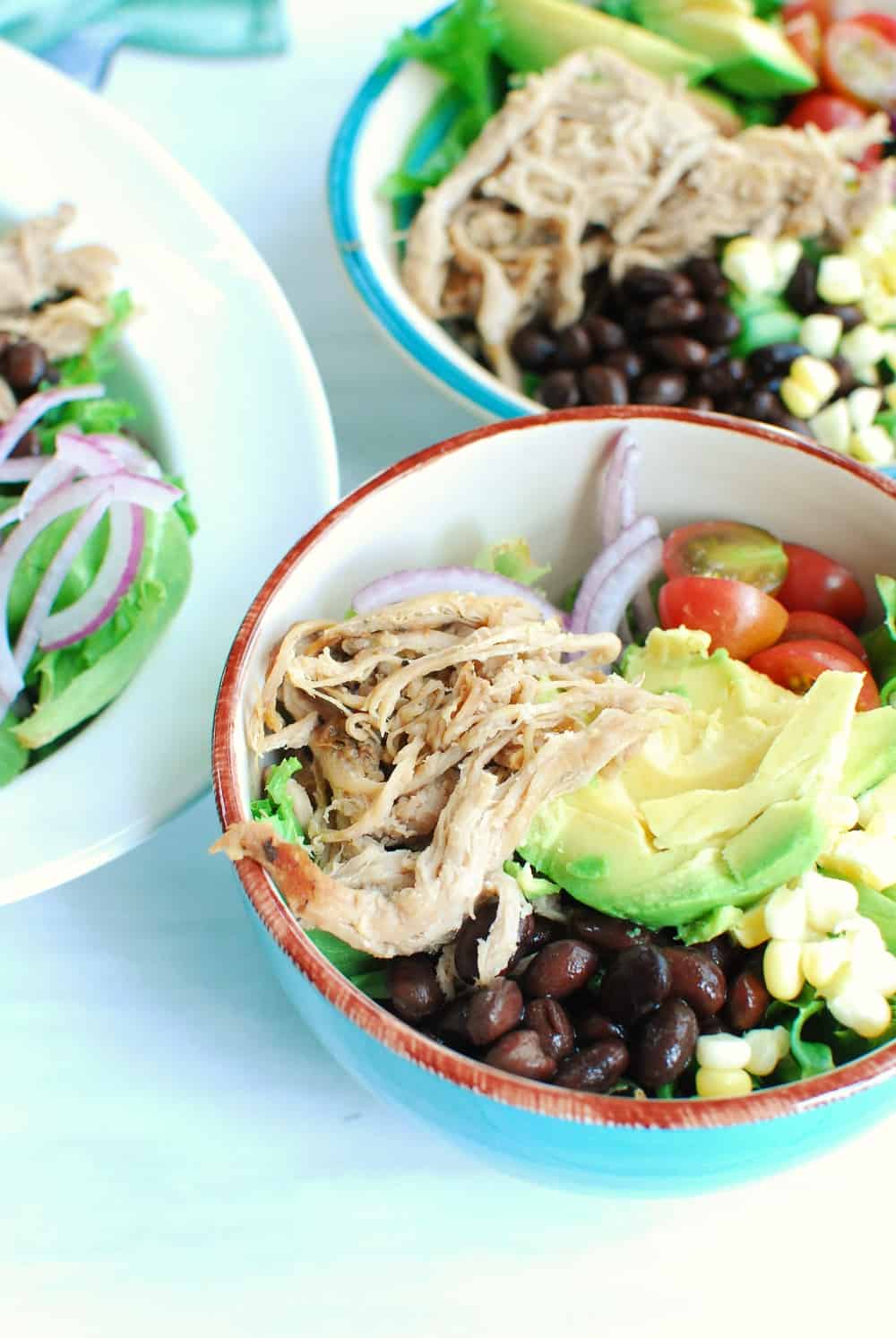 Bowl of carnitas salad with pork, tomatoes, corn, and beans