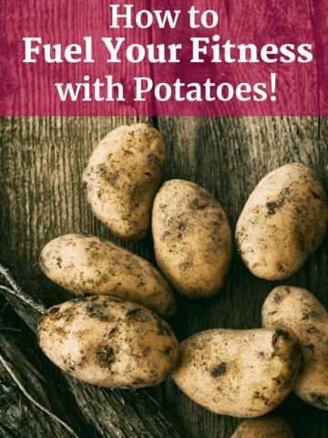 A bunch of potatoes with a text overlay about fueling fitness with potatoes