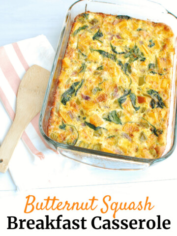 Large casserole dish filled with a butternut squash breakfast casserole