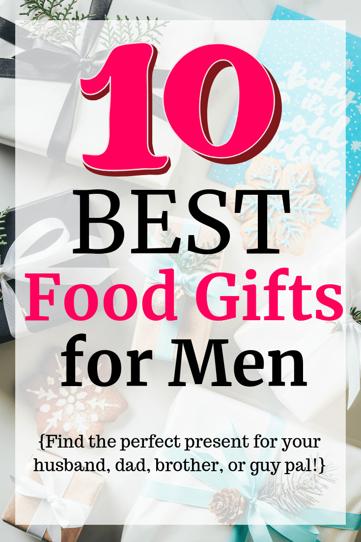 A bunch of wrapped presents with a text overlay about food gifts for men