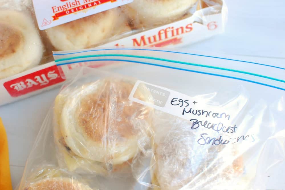 Make ahead breakfast sandwiches in a bag ready to go in the freezer.