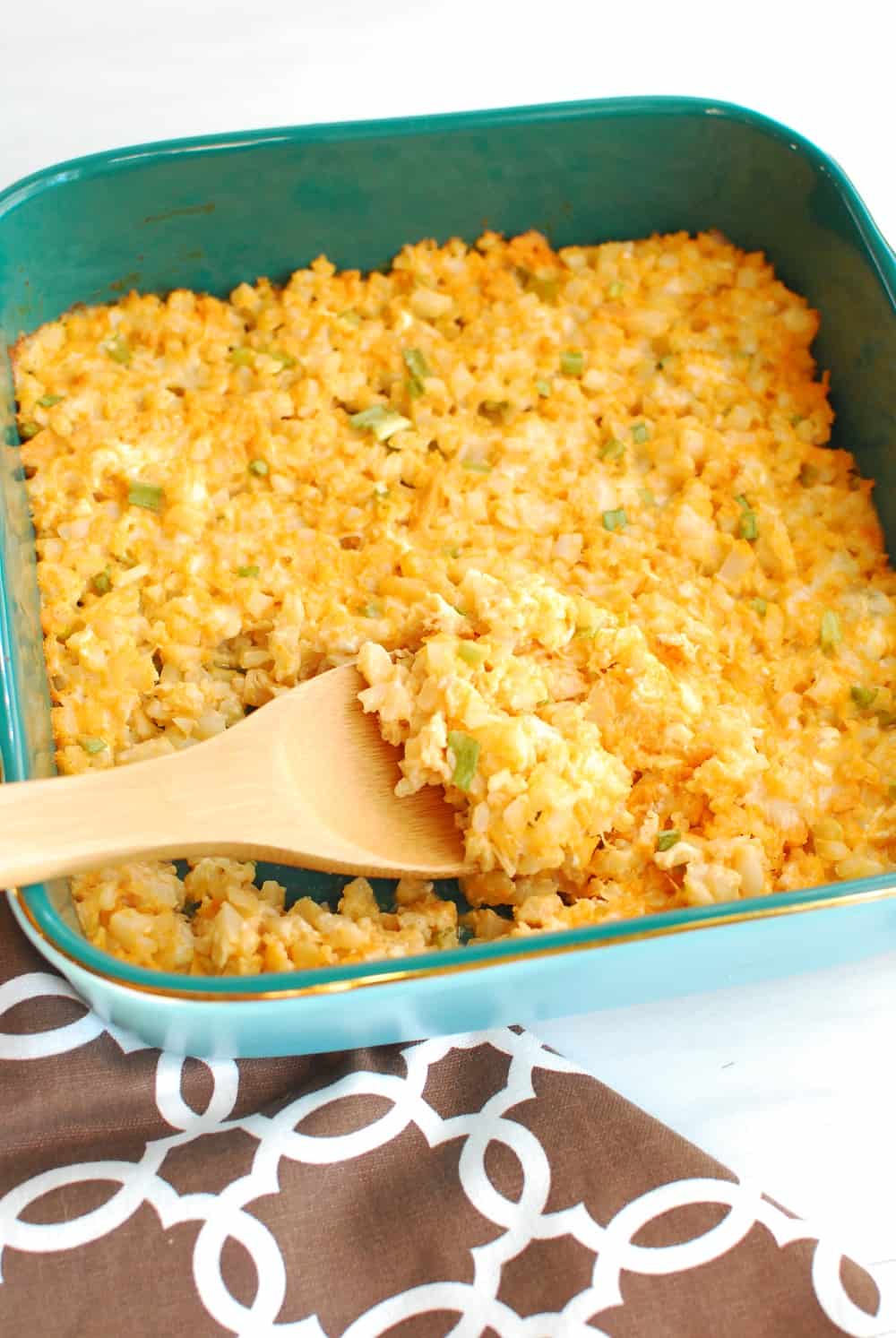 Buffalo chicken cauliflower casserole in a large dish