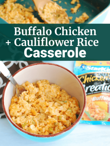 A bowl full of buffalo chicken cauliflower rice casserole next to a casserole dish