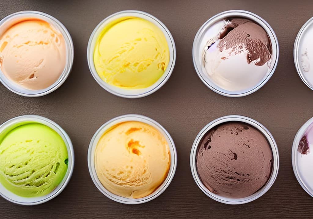 Several containers with different flavor ice creams.