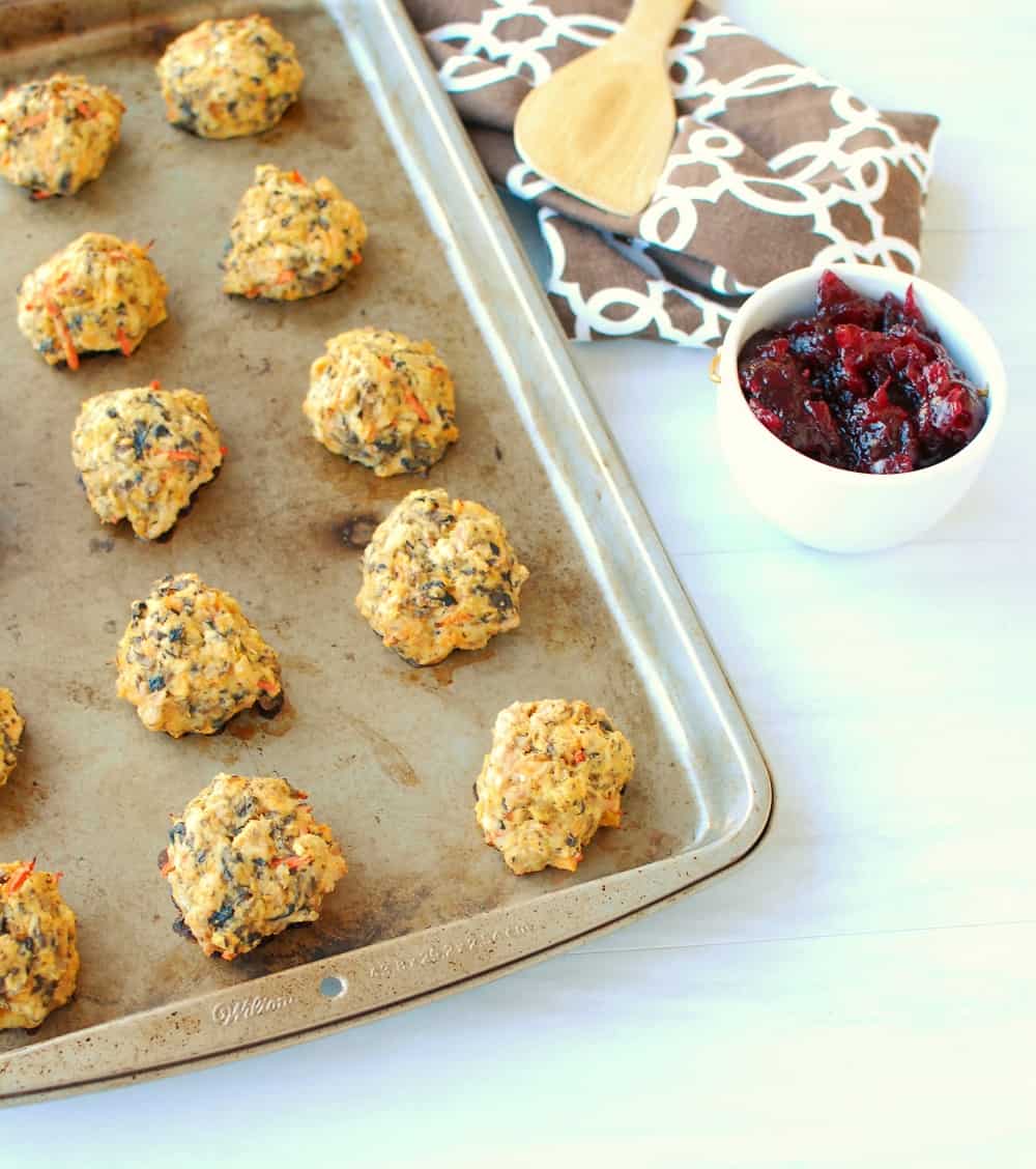 A sheet pan full of turkey mushroom meatballs