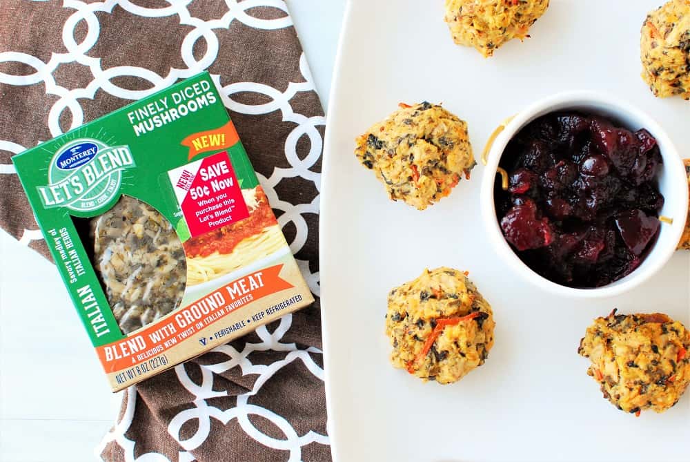 A plate with healthy turkey mushroom meatballs next to a package of lets blend mushrooms