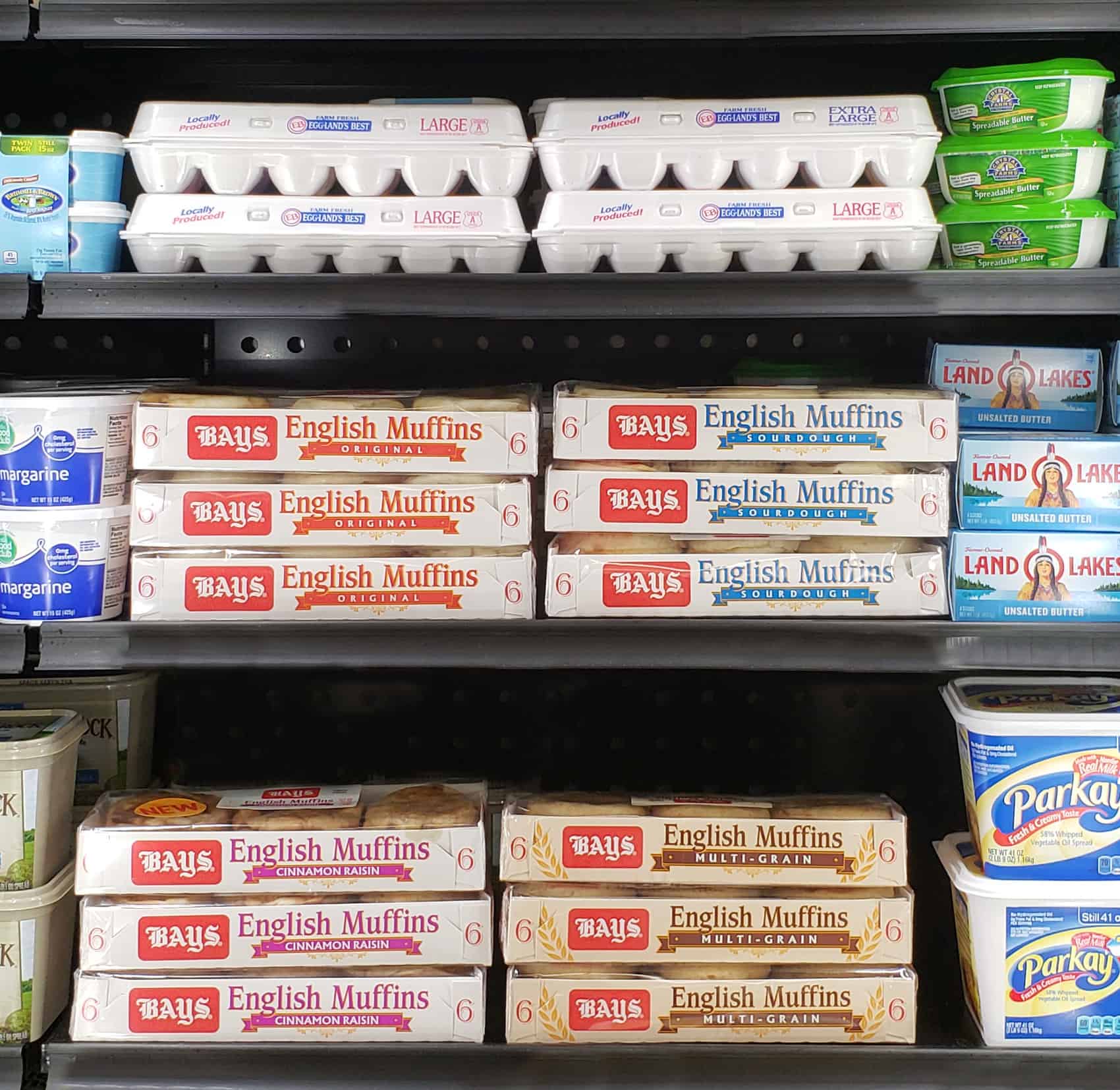 Bays English Muffins at the Grocery Store on a refrigerated shelf.