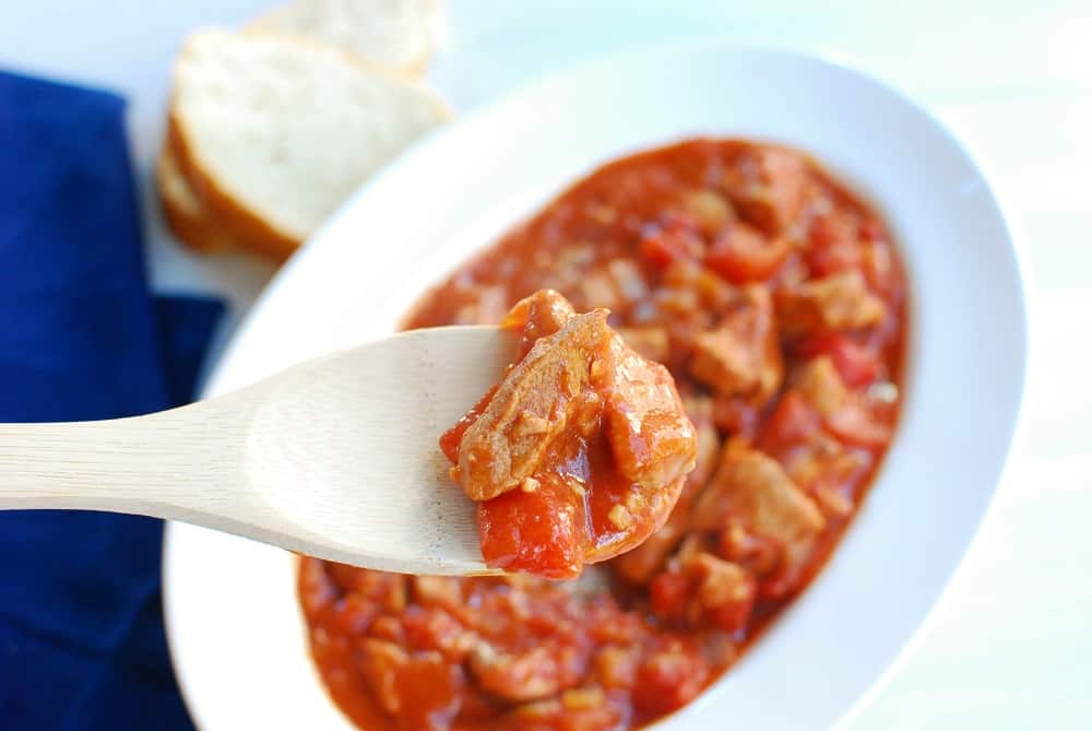 Close up of a spoonful of French veal stew