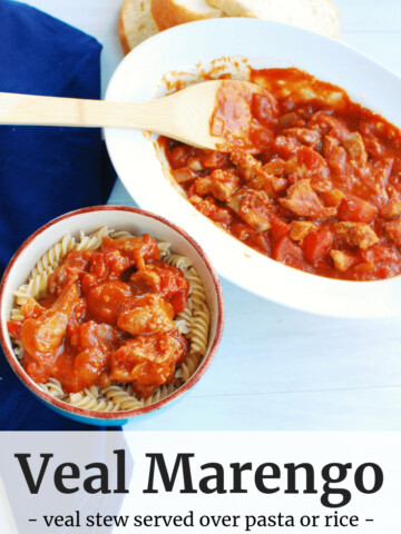 A large bowl full of veal marengo stew next to a bowl with pasta and stew