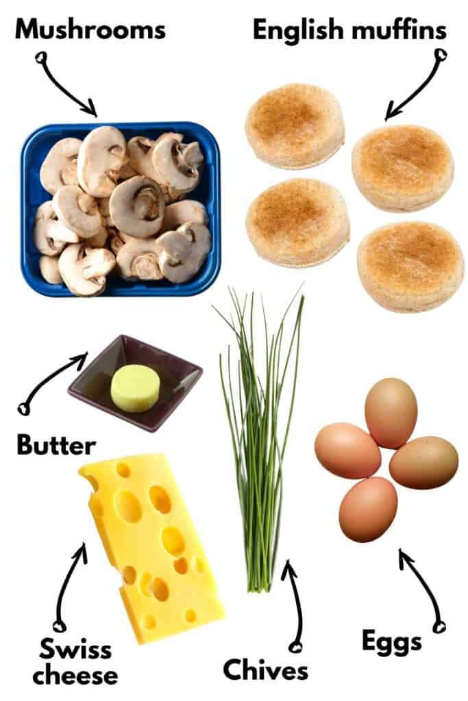 Mushrooms, butter, swiss cheese, chives, eggs, and English muffins on a table.