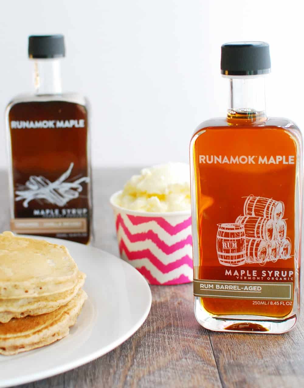 Runamok Maple Syrup next to pancakes and ice cream
